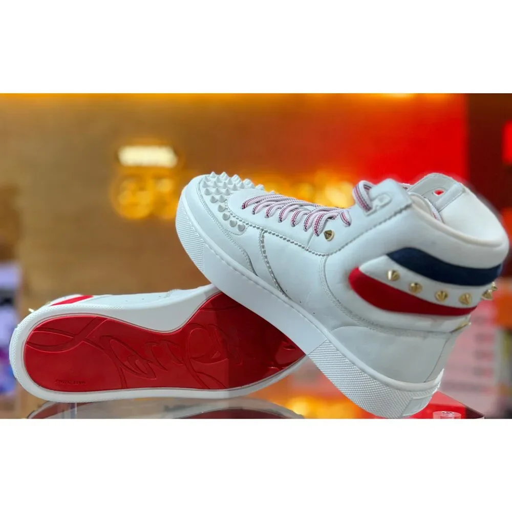 Christian Louboutin Louis Spikes High Top Sneakers White Red Navy Gold EU 40.5